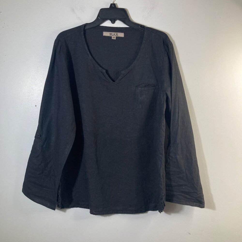 Womens Flax V Neck Linenβ Tunic Roll Tab Sleeve Black S